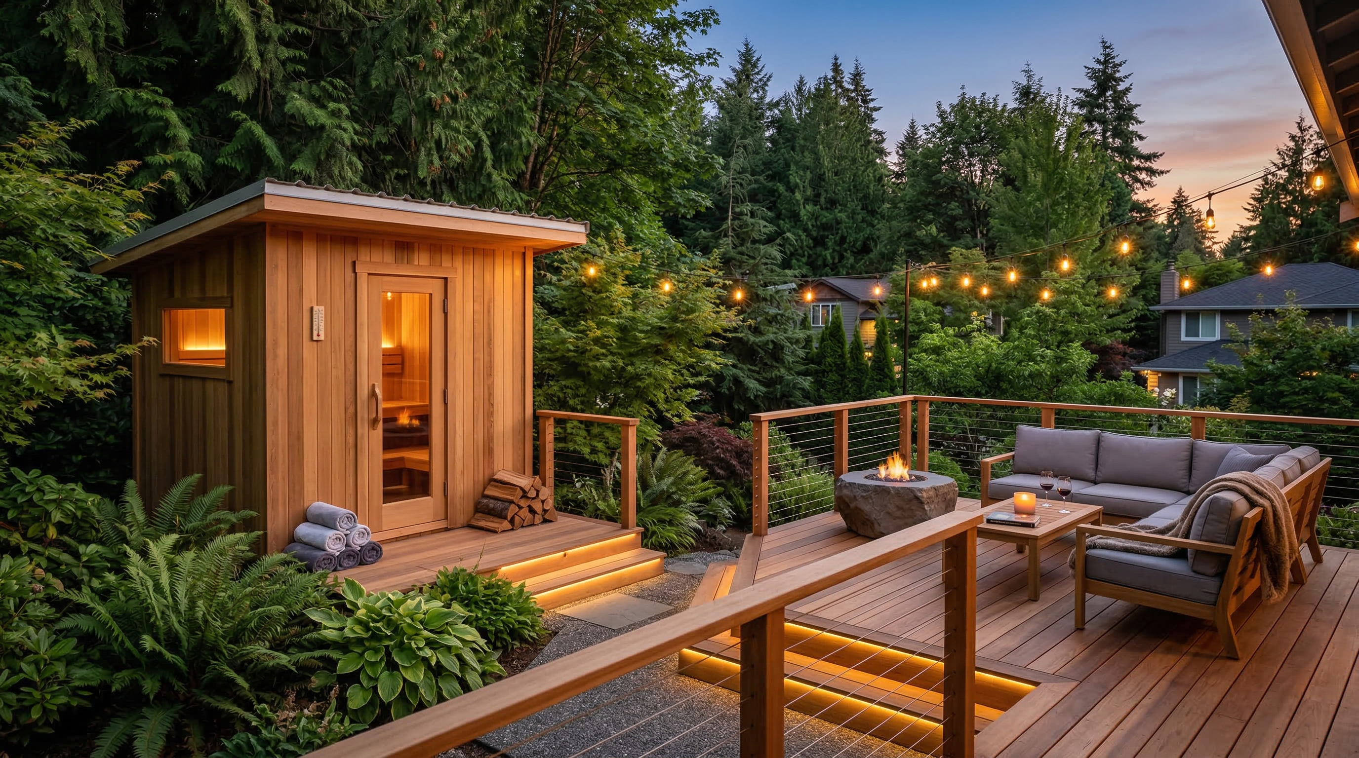 Custom cedar backyard sauna with deck and outdoor seating in Kirkland, Washington