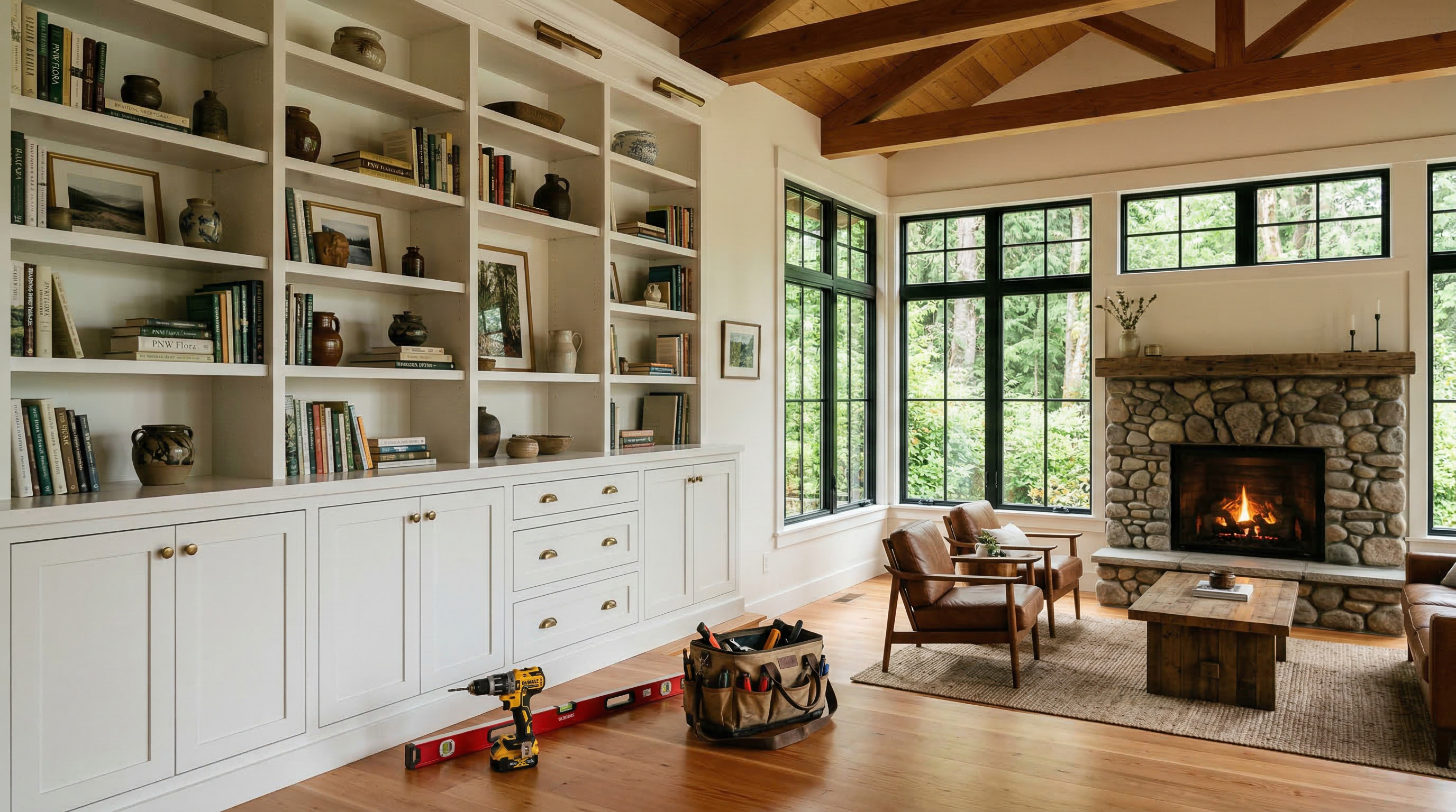 Urban Elements craftsman installing built-in shelving in a Pacific Northwest home